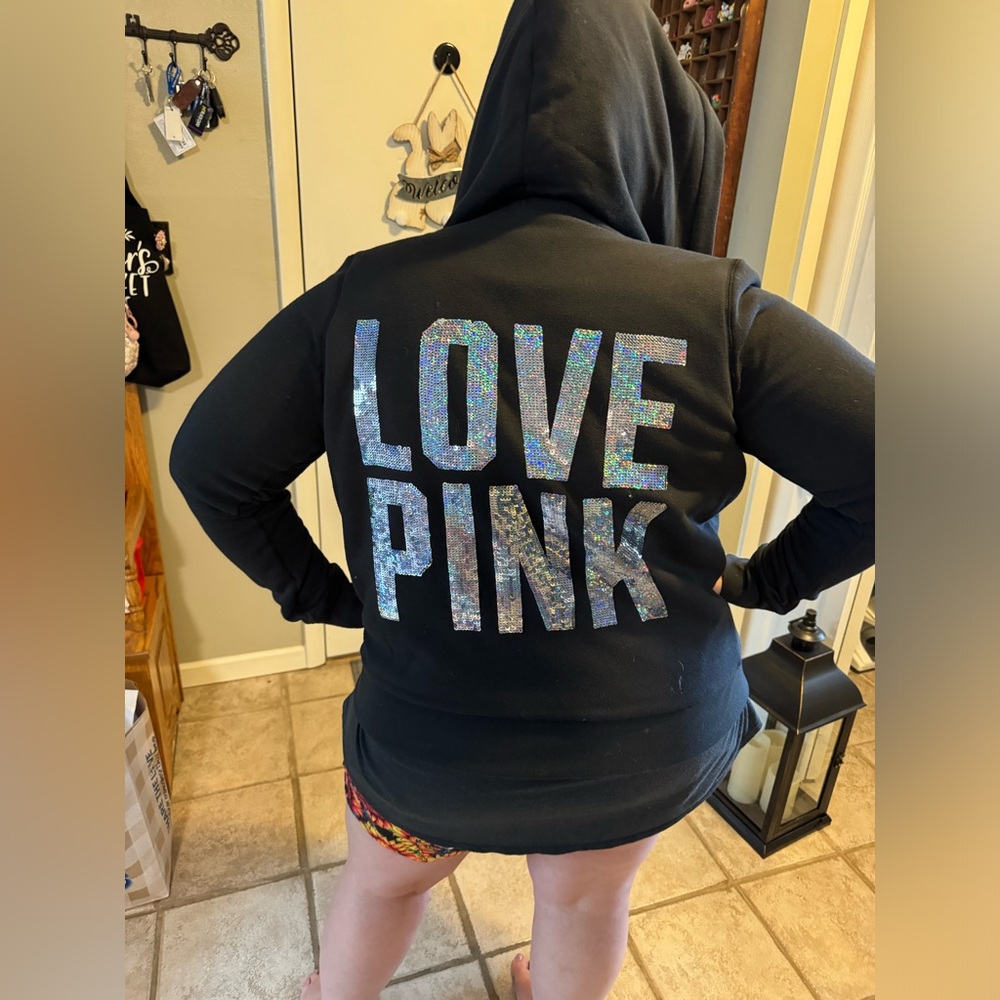 PINK black hoodie with sequin logo and leopard fur lining